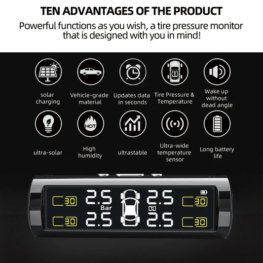 Wireless TPMS Tire Pressure Monitor – Solar & USB Charging