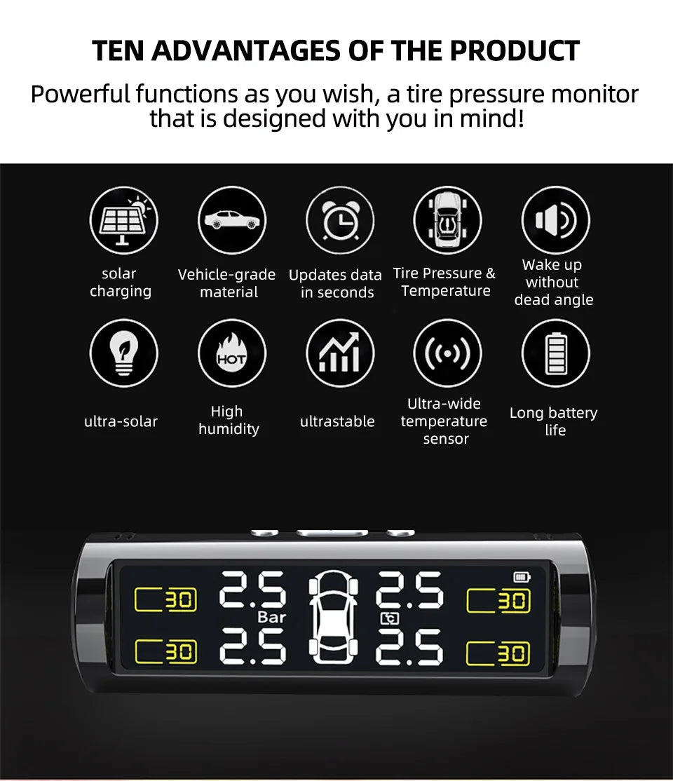 Wireless TPMS Tire Pressure Monitor – Solar & USB Charging