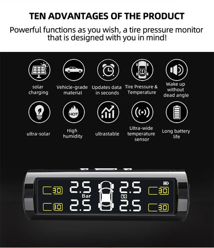 Wireless TPMS Tire Pressure Monitor – Solar & USB Charging