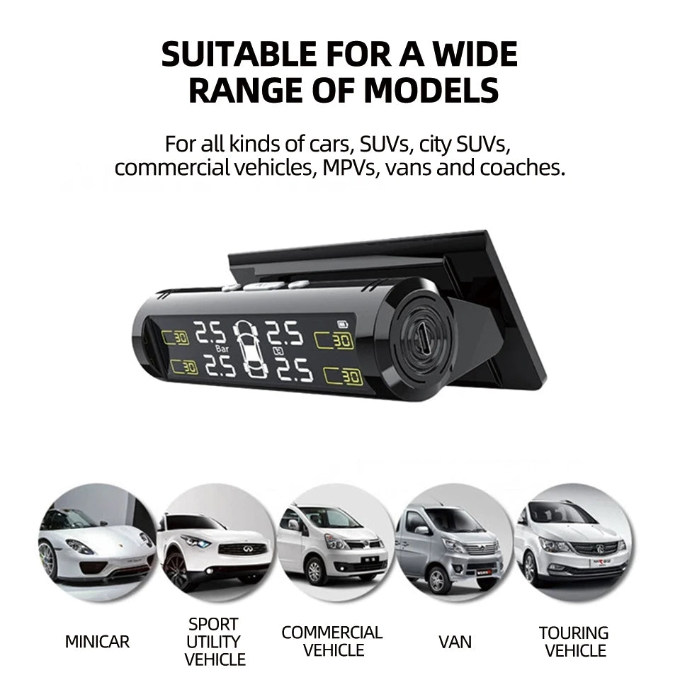 Wireless TPMS Tire Pressure Monitor – Solar & USB Charging