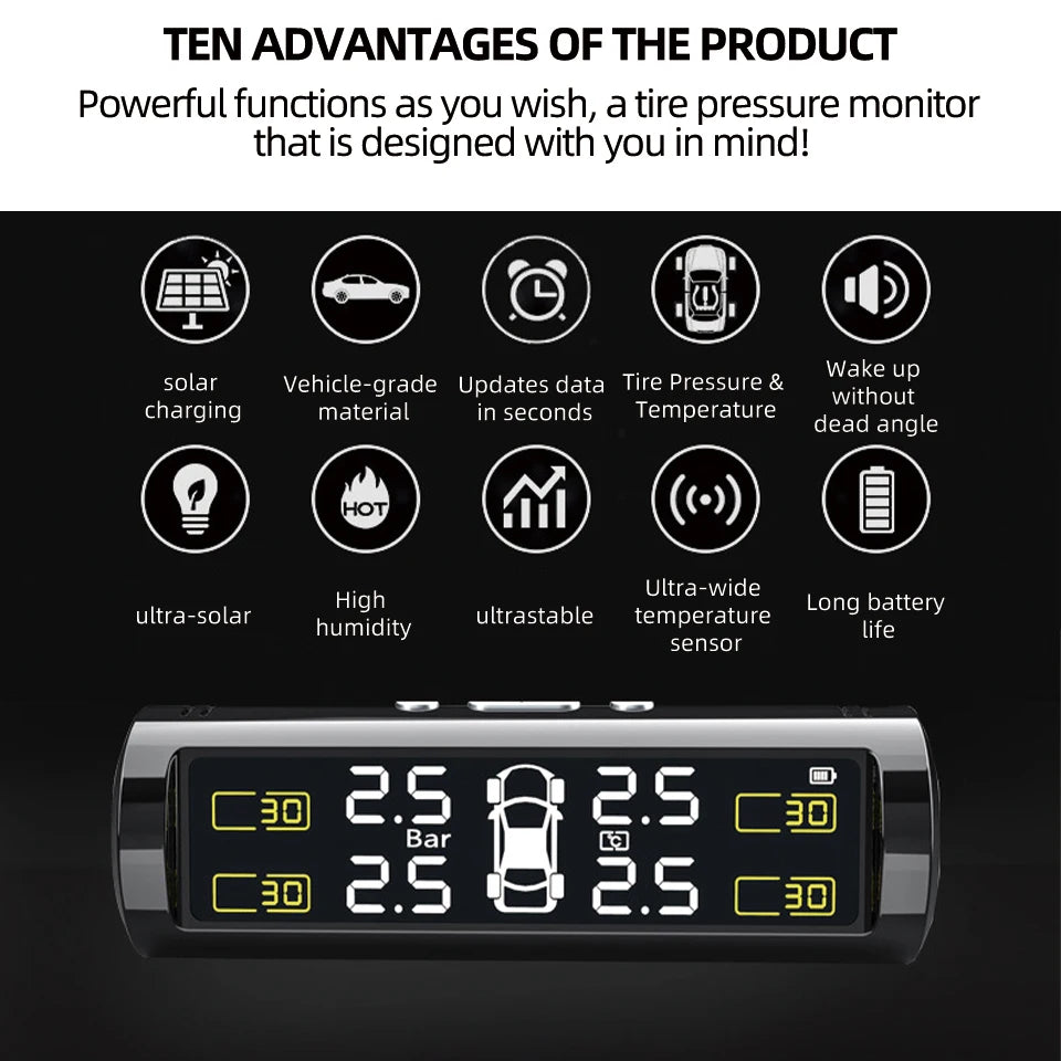 Wireless TPMS Tire Pressure Monitor – Solar & USB Charging