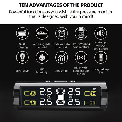 Wireless TPMS Tire Pressure Monitor – Solar & USB Charging