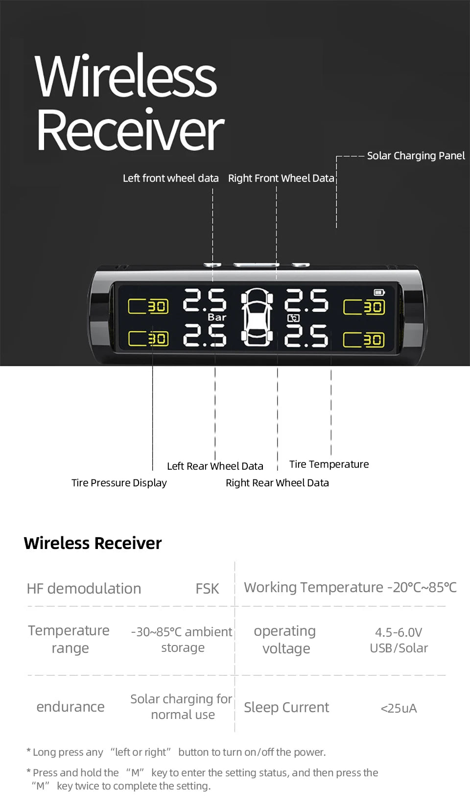 Wireless TPMS Tire Pressure Monitor – Solar & USB Charging