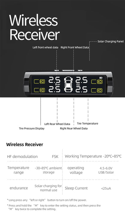Wireless TPMS Tire Pressure Monitor – Solar & USB Charging